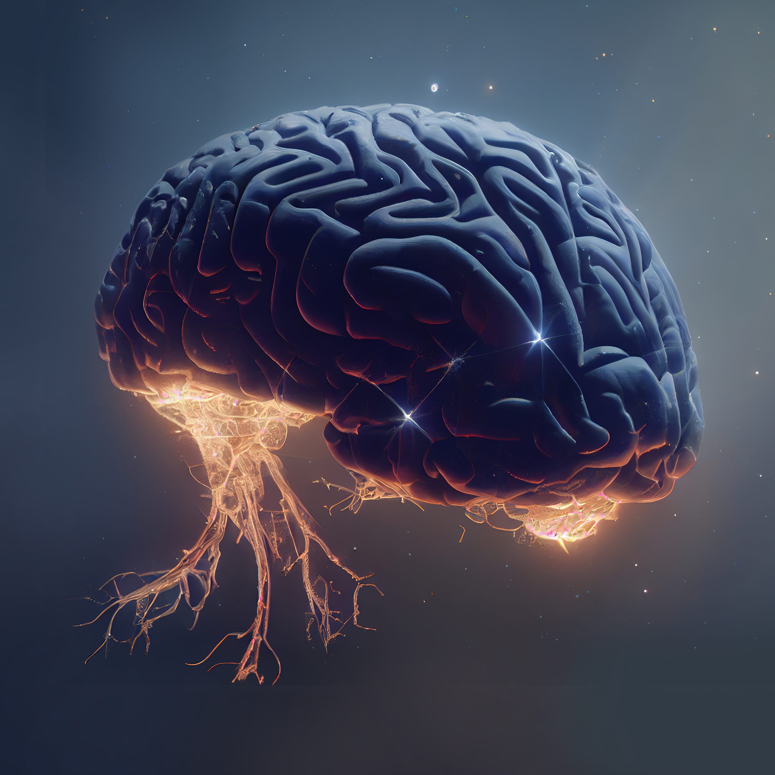 illustration of human brain with impulses of neurons.